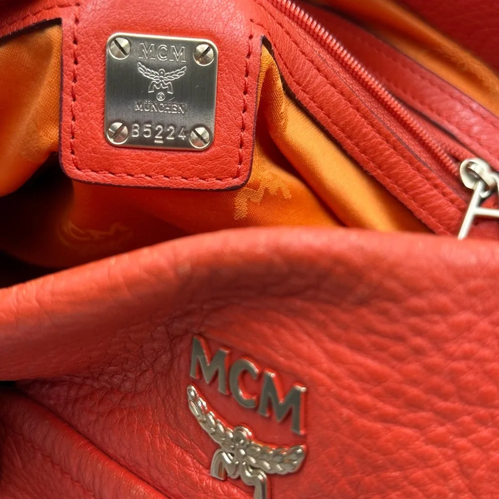 MCM Large Orange Embossed Leather Satchel two-way carry - Picture 10 of 11